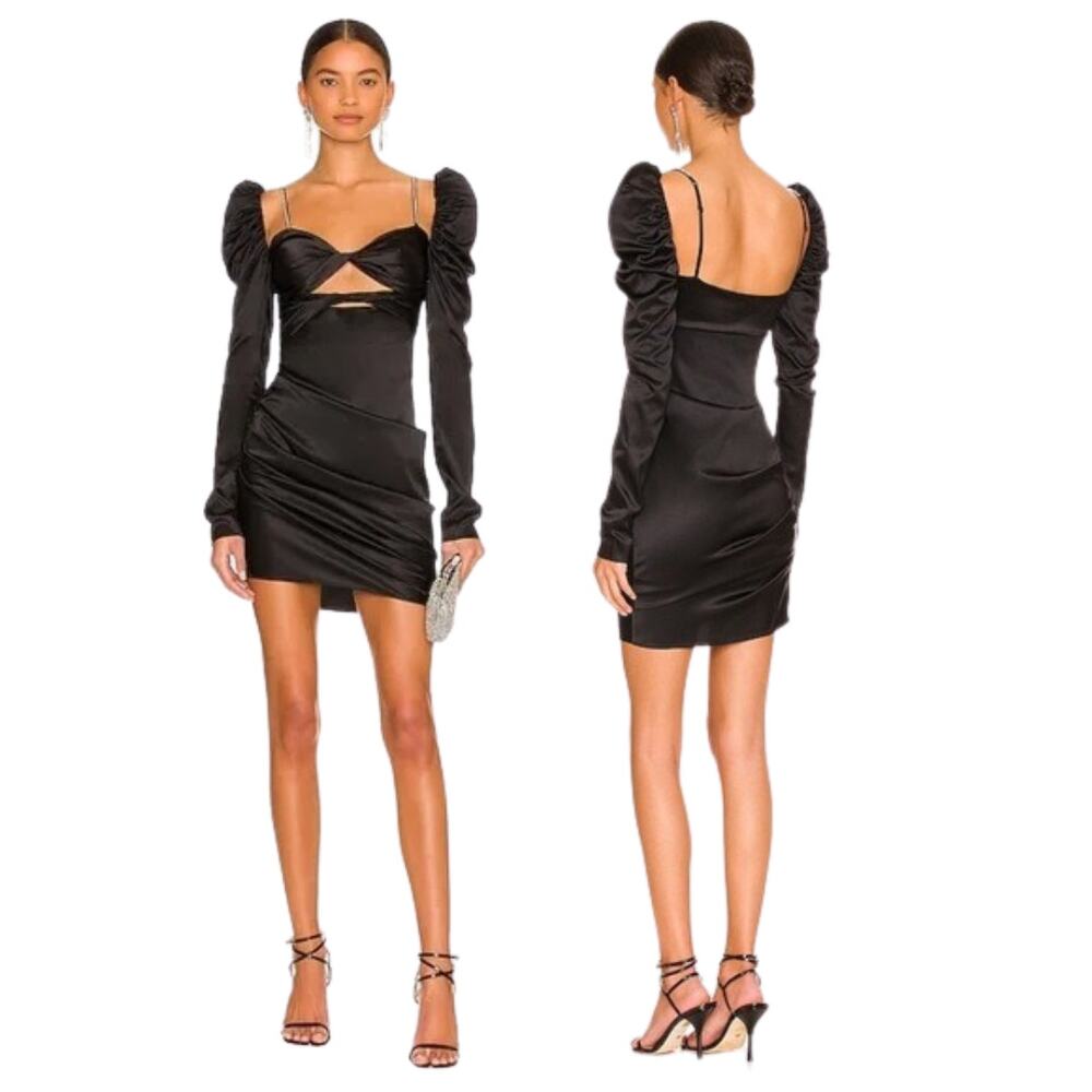 The Bar Silk Twist Dress Satin Cut Out Puff Sleeve Party Cocktail Evening 2